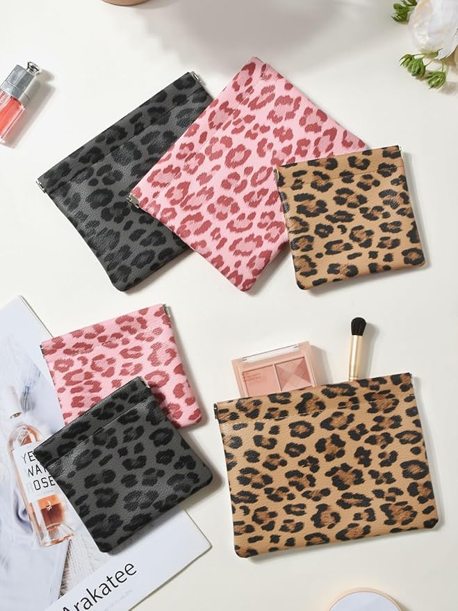 Ksriylm 2 Leopard Leather Small Makeup Pouches Set for Women,Cosmetic Accessories,Waterproof and Portable Cosmetic Bags,Self-closing,No Zipper, Aesthetic Storage Pouch,Lipstick for Purse, Brown