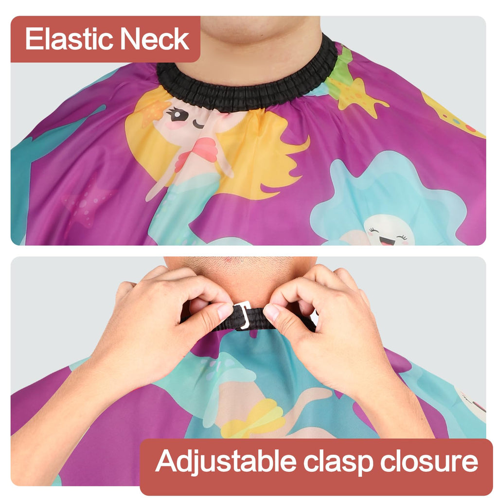 Kids Barber Cape with Neck Duster Brush, Professional Salon Hair Cutting Cape with Adjustable Snap Closure(Cartoon Mermaids)