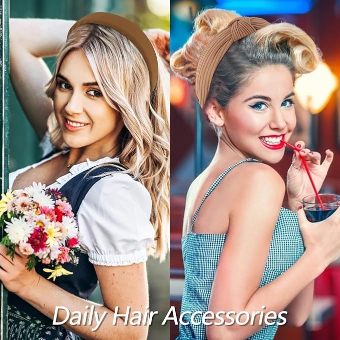 VELSCRUN Headbands for Women 7 Pcs Different Dark Brown Knotted Solid Pearl Head Bands Non Slip Hair Band for Womens Gilrs Thin Thick Short Hair Fashion Accessories