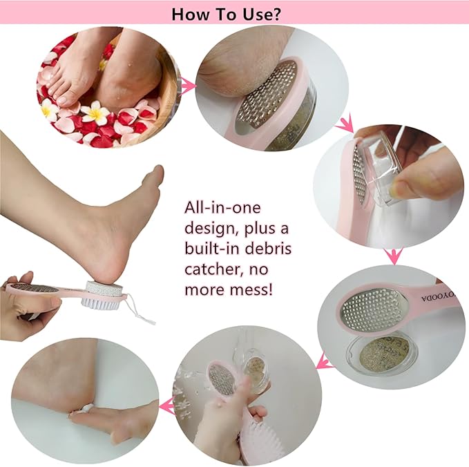 YIOYOODA Foot Scrubber Brush with Pumice Stone for Feet, 5-in-1 Foot File Callus Remover, Stainless Steel Feet Scraper, Cleaning Brush and Sand Paper Debris Catcher, Multi Purpose for Home Foot Care