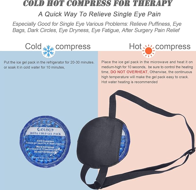 Cooling Eye Patches for Puffy Eyes, Pure Silk Ice Eye Patch, Single Eye Mask, Medical One Eye Cover Cold Hot Therapy Strabismus Lazy Eyes After Surgery Adult Kid Pirate Eyepatch (Black-New)