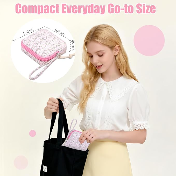 Chicarries Small Makeup Bag | Discreet Period Bag Pad Pouch for Purse| Sanitary Napkin Storage & Tampon Holder for Travel (Cute flower pink)