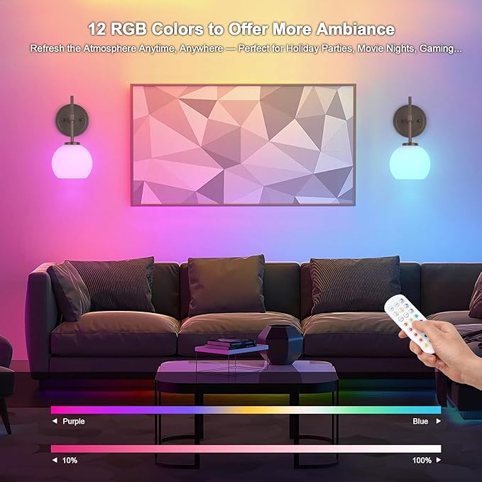 Oil Rubbed Bronze Wireless Rechargeable Wall Sconces Set of 2, Battery Operated Wall Lights with Remote Control, LED Dimmable Wall Lamp with Opal White Glass Shade, 12 Colors RGB & 3 CCT Bulb