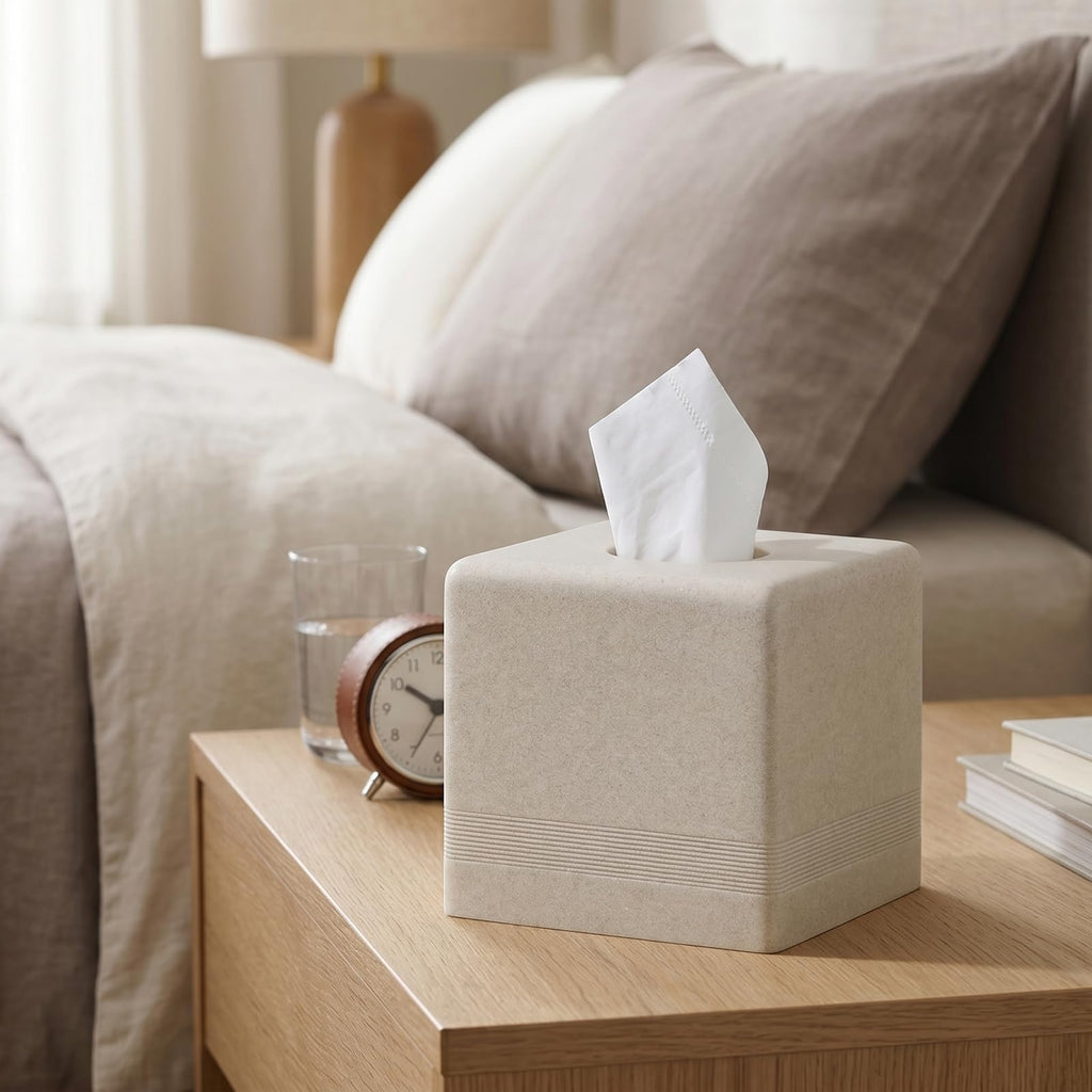 Haocoott Tissue Box Cover Square, Resin Facial Tissue Holder Covers Cube Toilet Paper Holder Case Dispenser Home Decorative for Bathroom Kitchen Bedroom Living Room Office (Beige)
