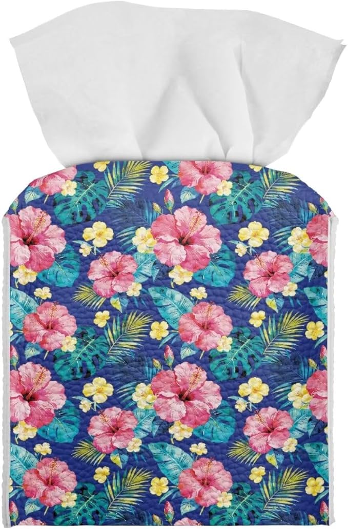 Tropical Flowers Tissue Box Cover, PU Leather Square Tissue Holder with Secure Metal Button, Waterproof and Stylish Napkin Dispenser for Home, Office, Car, and Bathroom Decor
