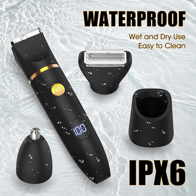 Qreeyx Manscape Body Trimmer for Men, 3 in 1 Men's Grooming Kit with Pubic/Nose Hair Trimmer & Ball Shaver for Nose/Balls/Groin/Legs/Chest Hair Removal, LED Display, IPX6 Waterproof, Gifts for Him Dad