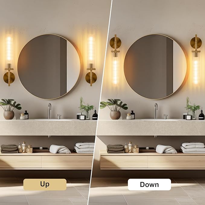 19.5" Knurled Gold Hardwired Wall Sconces Set of 2, Bathroom Vanity Light Fixtures with Vertical Striped Glass Tube, Modern Lamp Lighting for Bedroom, Living Room, Hallway, Staircase, Mirror, Kitchen