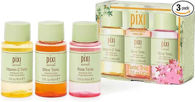 Pixi Beauty Tonic Trio | Holiday Edition Gift Set with 3 Pixi Favorite Tonics | Glow Tonic, Vitamin- C Tonic, Rose Tonic | Calming, Hydrating, Gentle Exfoliating and Smoothing