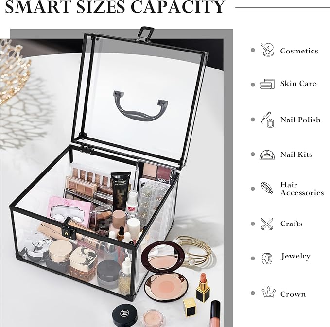 FRENESSA Portable Makeup Case Large Clear Crown Box Cosmetics Display Case Toiletry Organizer Box Transparent Acrylic Artists Train Case Travel Makeup Tools Storage for Vanity Counter Dresser Case