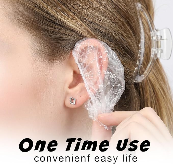 200Pcs Disposable Ear Covers for Shower, Lightweight Disposable Ear Covers for Hair Dye, Clear Plastic Ears Caps with Soft Elastic, for Hair Colouring and Beauty Treatments, Travel-Ready Carry