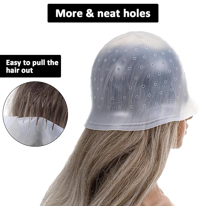 TIESOME Silicone Highlighting Cap with Needles & Brushes, Reusable Punched Hair Cap for Salon & Home Hair Coloring (with 3 Tools Set)