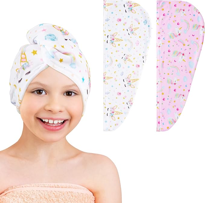 2 Pack Kids Microfiber Hair Drying Towel Wrap - Unicorn Hair Drying Turban for Girls & Women - Rapid Drying