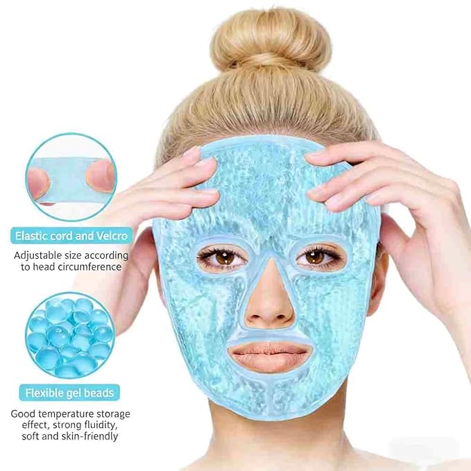 Cold Face Eye Mask Ice Pack Reduce Facial Puff, Dark Circles, Gel Beads Hot Heat Cold Compress Pack, Face SPA for Woman Sleeping, Pressure, Headaches (Blue(jade Roller+face Mask))