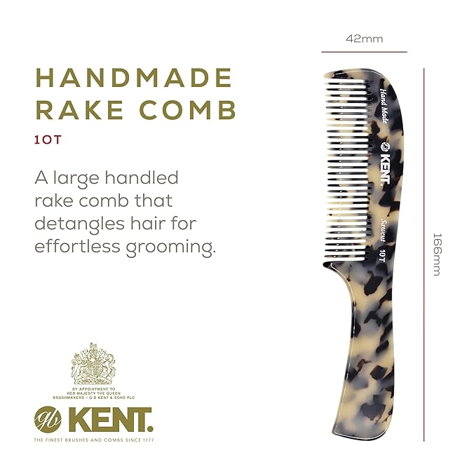 Kent 10T TY Large Handmade Wide-Tooth Detangling Rake Comb - Smooth and Comfortable for Curly, Wet or Dry, Thick Hair