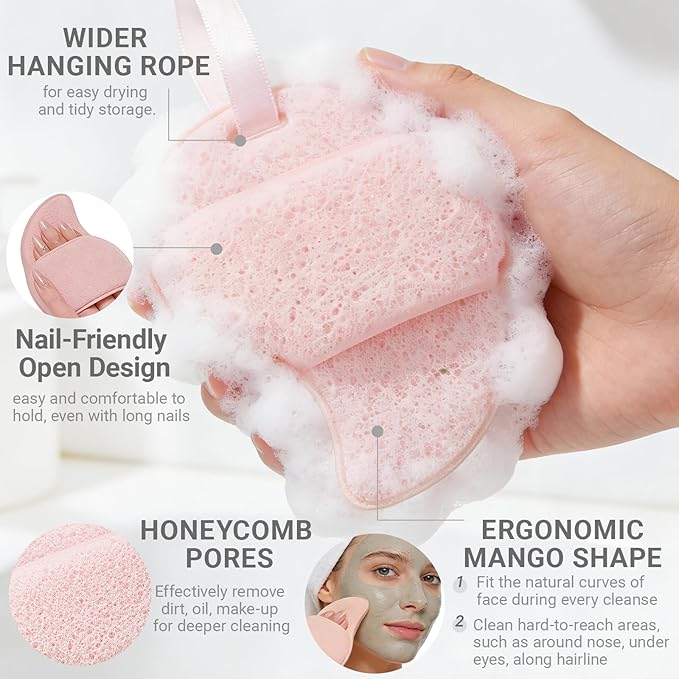 3 Pcs Facial Sponges, Face Scrubber Exfoliator, Reusable Facial Sponge Deep Cleansing Makeup Removal, Gentle Exfoliating Face Pads for Daily Face Wash(Pink & Green)