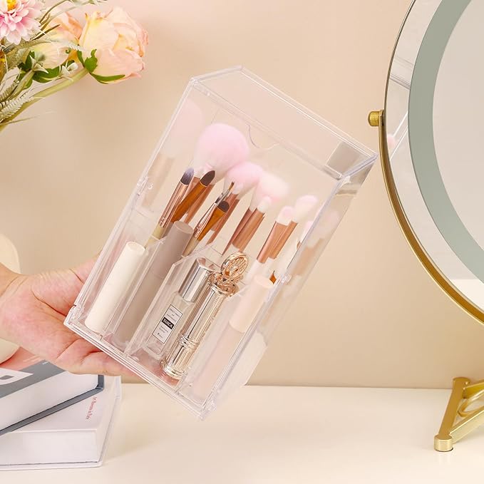 LOHRYVIO Acrylic Makeup Brush Holder with Slanted Flip-Top Lid - Clear Dustproof Cosmetic Make up Brush Organizer and Storage Box - Large Capacity 17-Slots Container for Vanity Brushes (Transparent)