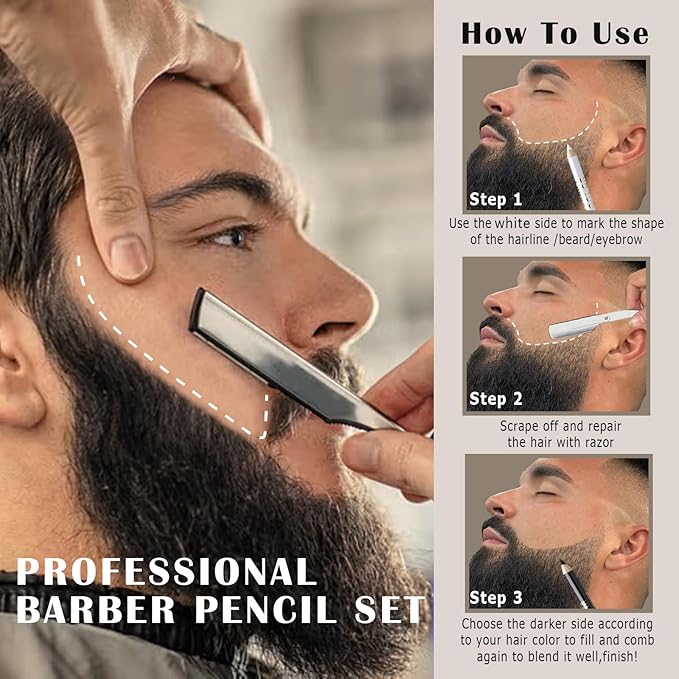 Noerrors 12Pcs Barber Pencil Set Hairline Enhancement Pencils Kit for Lineup Magic Beard Shaping Beard Guide Pen with Sharpener Barber Chalk for Beard Makeup Design for Men White Black Tan Brown