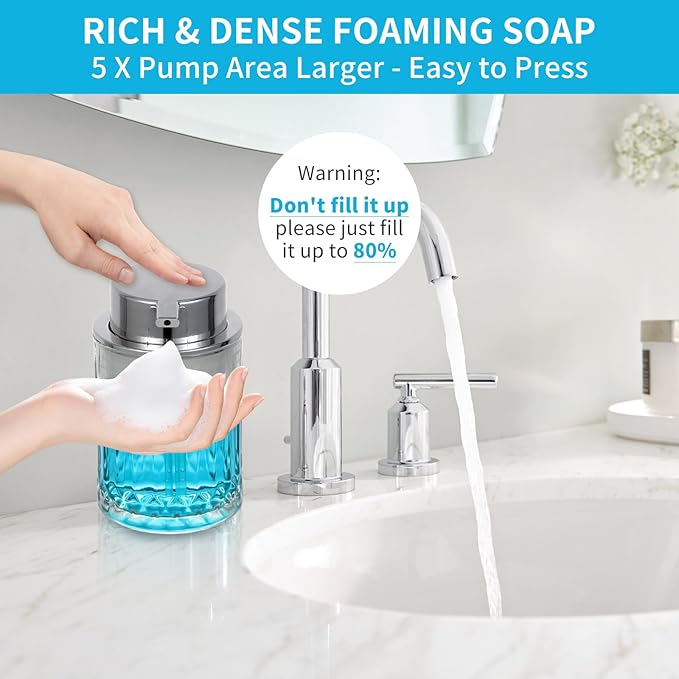 PLOUTA HOME Foaming Soap Dispenser,2 Pack Clear Glass Foam Hand Soap Dispenser for Bathroom, Refillable 8 Fl Oz Foamy Pump Bottle with Large Sliver Pump,Vintage Dish Soap Foam Dispenser