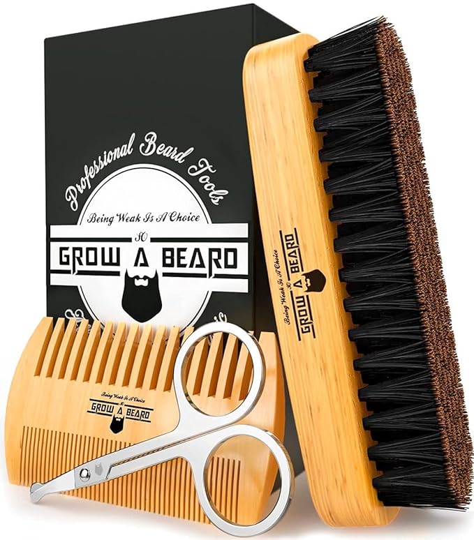 Beard Brush for Men with Beard & Mustache Comb Set, Beard Grooming & Care Kit, Natural Boar Bristle Brush, Dual Action Wood Comb, Stainless Steel Scissors, and Travel Bag, Great Fathers Day