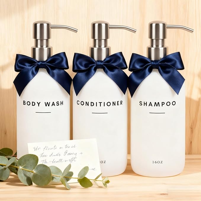 Set of 3 Shampoo and Conditioner Dispenser Stainless Steel Pump Head - 16oz Durable Shower Soap Dispenser and Shampoo Bottles - Easy to Refill Bathroom soap Dispenser Set Bathroom Decor with Labels