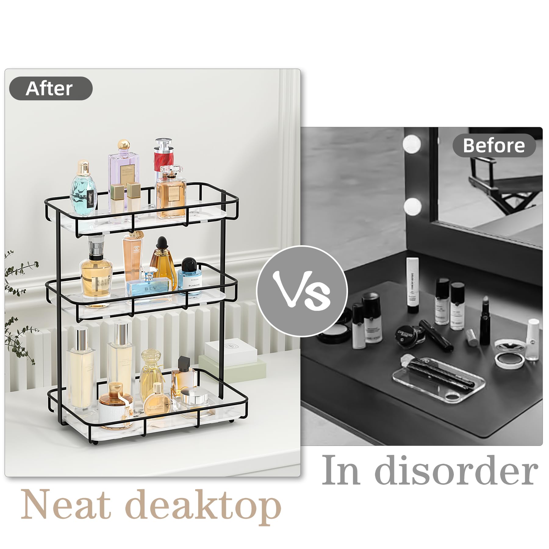 Bathroom Organizer Countertop Perfume Organizer Makeup Organizer Cosmetics Storage Display Rack Vanity Tray Dresser Stainless Steel Gold Shelf White Marble Ceramic Tray