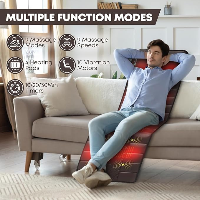 DOPICT Massage Mat, Detachable Neck Massager, Full Body Vibration Heating, Massage Pad with 10 Vibrating Motors and 9 Speed Settings for Home Office Use, Gift for Men Women Parents,Brown