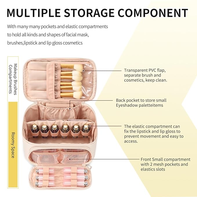 OCHEAL Makeup Bag, Multifunctional Large Cosmetic Organizer Toiletry Brushes Storage Case for Women Girls with Handle Divider - Beige
