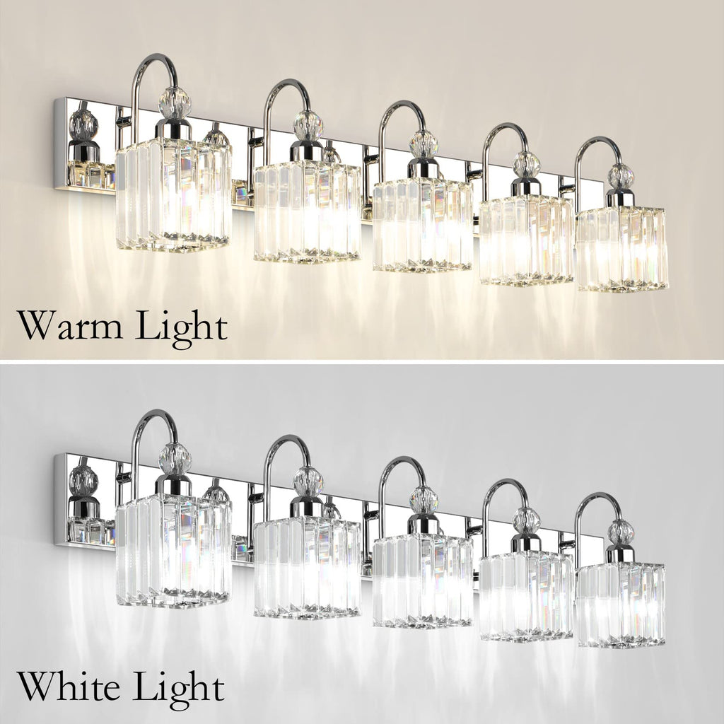 Ralbay Chrome Crystal Vanity Lights 5-Lights 40'' Modern Crystal Bathroom Light Fixtures Modern Crystal Vanity Lighting Over Long Mirror Bathroom Wall Lighting Fixtures