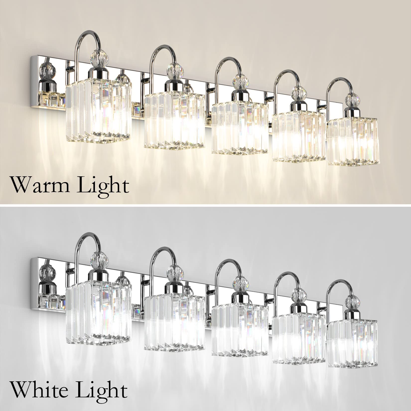 Ralbay Chrome Crystal Vanity Lights 5-Lights 40'' Modern Crystal Bathroom Light Fixtures Modern Crystal Vanity Lighting Over Long Mirror Bathroom Wall Lighting Fixtures