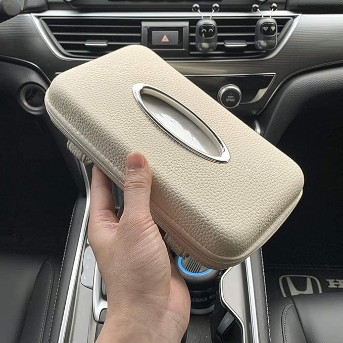 Car Tissue Holder, Sun Visor Tissue Holder, Zipper Car Visor Napkin Holder, PU Leather Backseat Tissue Case for Car,Vehicle (Beige)