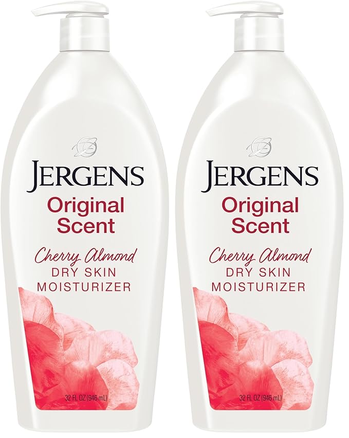 Jergens Original Scent Dry Skin Lotion, Body and Hand Moisturizer for Long Lasting Skin Hydration, with HYDRALUCENCE blend and Cherry Almond Essence, 32 Ounce (Pack of 2)