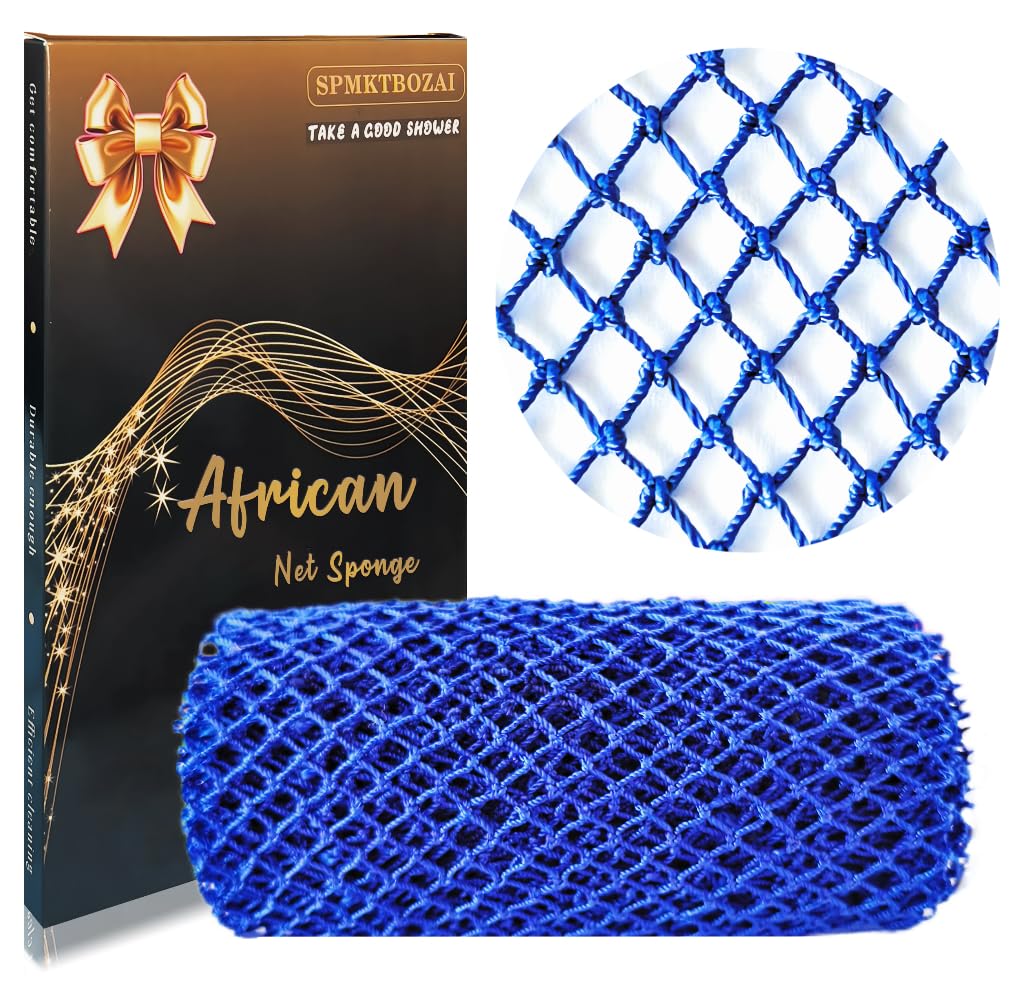 SPMKTBOZAI African Net Sponge Authentic, African Exfoliating Sponge Real African Net Black Owned, African Bath Sponge Back Scrubber, Body Exfoliator Shower Bath Accessories (Blue)