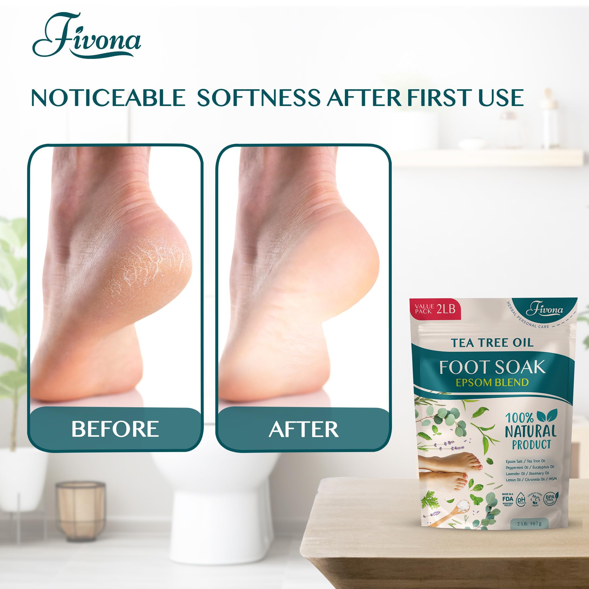 Foot Soak Epsom Salt with Tea Tree Oil 2 LB - Epsom Salt with Essential Oils for Healthy Toenails, Soothing Relief, Callus Softening - Pedicure Therapy for Soft, Rejuvenated Feet