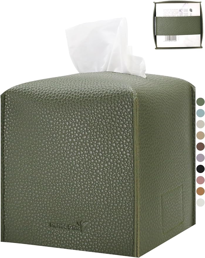 PENGLONG Tissue Box Cover 5X5X5'' PU Leather Tissue Holder Square Tissue Cube Box Organizer for Bathroom Vanity Countertop, Car, Night Stands, Office, Home, Kitchen (1Pack, Dark Green)