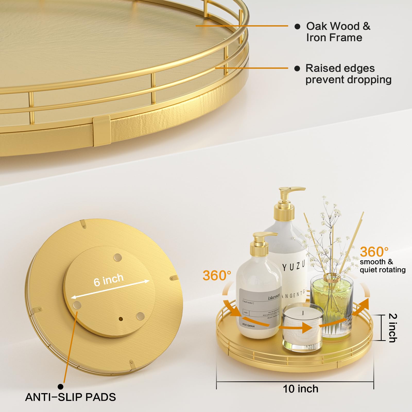 Oroyutor 10-Inch Oak Lazy Susan Vanity Tray with Gold Metal Rail