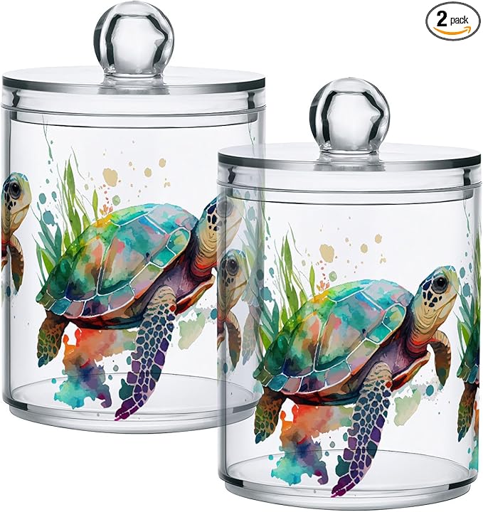 2 Pack Qtip Holder Dispenser for Cotton Ball Turtle Watercolor Cotton Swab Round Pads Clear Plastic Acrylic Jar Set Bathroom Canister