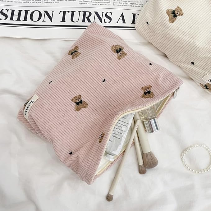 SxoSyo Corduroy Makeup Bags, Bear Cosmetic Purse, Pink