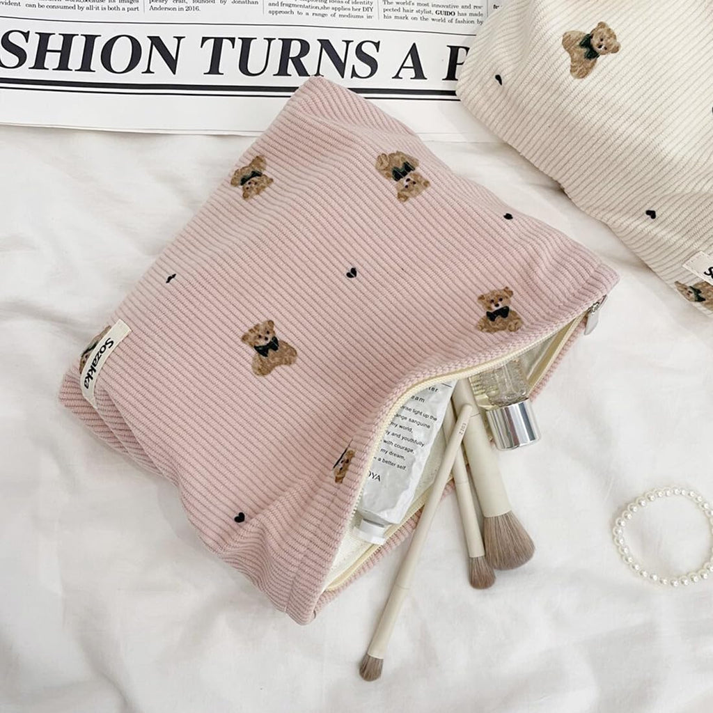 SxoSyo Corduroy Makeup Bags, Bear Cosmetic Purse, Pink