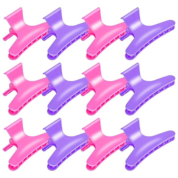 BAHABY Hair Clips for Styling Sectioning 12 Pack Hot Pink Purple Butterfly Clamps Hair Claw Clips Pro Salon Hair Clips for Styling, Sectioning, Cutting and Coloring