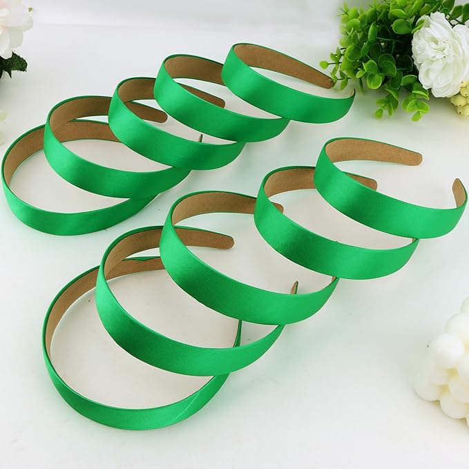 Wecoe 10 Pack Green Headbands 1 Inch Wide Satin Headbands Women Non Slip Fashion Plain Head Bands Solid Hair Bands DIY St. Patrick's Day Hair Accessories for Women Girls Diademas Para Mujer