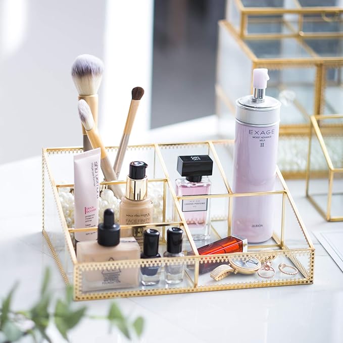 Levilan Makeup Organizer Antique Countertop Cosmetic Storage Box Glass Beauty Display, Gold Spin Large Capacity Holder for Brushes Lipsticks Skincare Toner