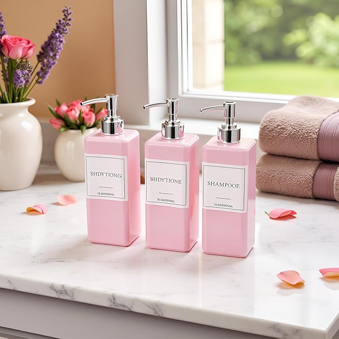 Shampoo and Conditioner Dispenser for Shower, Refillable Shampoo and Conditioner Bottles Body Wash Dispenser with Waterproof Labels, 3PCS 16.9oz Soap Dispenser Bathroom Pink Silver Empty Pump Bottle