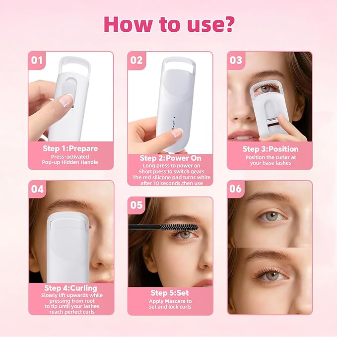 Heated Eyelash Curler, 10s Fast Heating Portable Electric Lash Curler, Type-C Rechargeable Travel Eye Lash Curlers with Anti-Scalding Silicone Pad, 2 Temp Modes & 24H Long Lasting Curves (White)