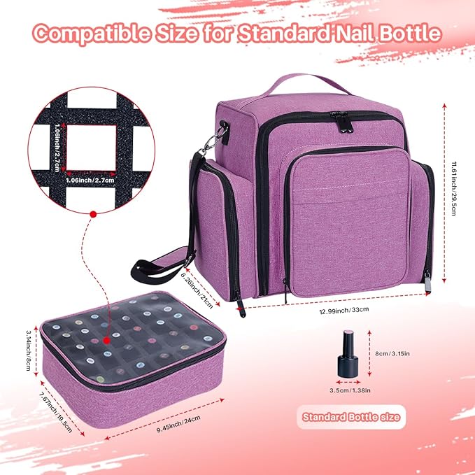 UOZL Nail Polish Organizer Case Hold 90 Bottle with 3 Detachable Bag,Purple