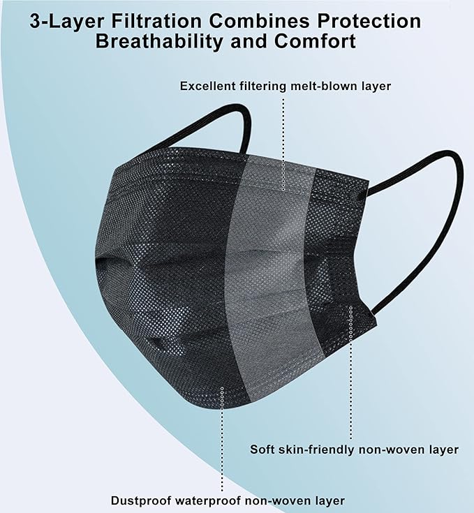 akgk 50Pcs Disposable Face Masks, 3 Ply Disposable Masks, Black Face Mask