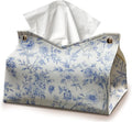 Chinoiserie Decor Rectangle Tissue Box Cover, Blue Flroal PU Leather Tissue Box Light Blue Tissue Holder for Bathroom Kitchen Facial Tissues, Housewarming Gifts for Women Girls 9.8x5.9x5.9