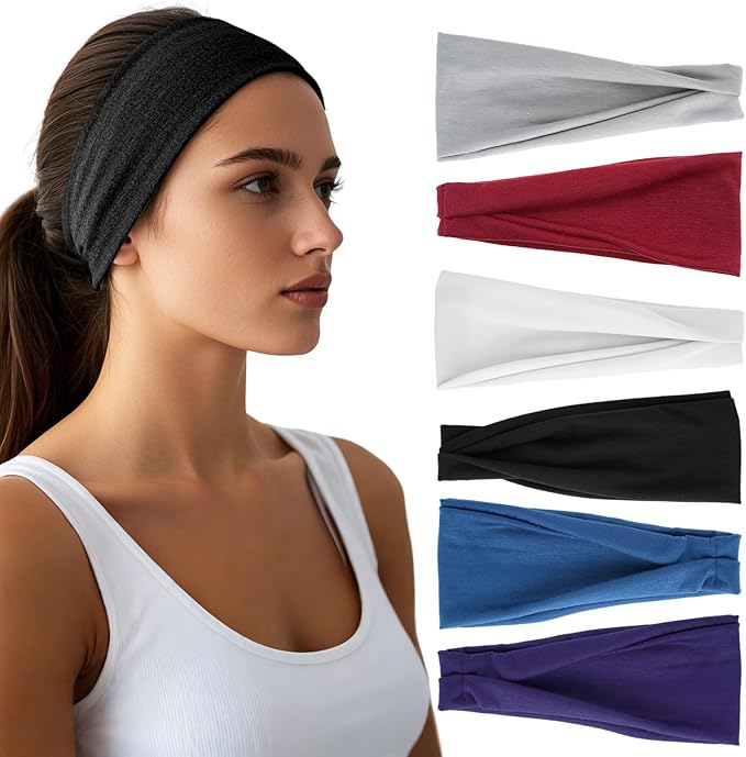 Headbands for Women - 6 Pack Wide Elastic Hairbands | Ultra-Soft Moisture Wicking Sports Headband | Non-Slip Accessories Bands for Fashion (Dark Purple Dark Gray White Red Navy Black)