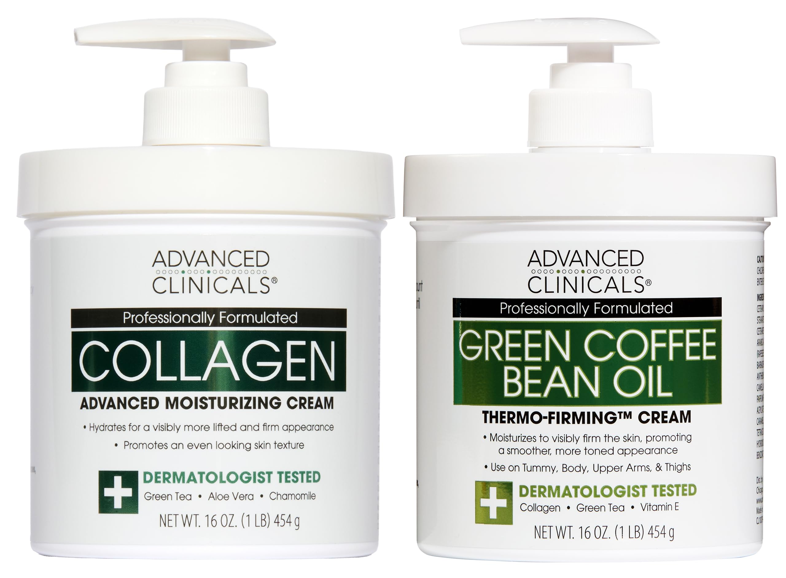 Advanced Clinicals Unscented Collagen Body Cream & Face Moisturizer + Green Coffee Bean Oil Thermo - Firming Body Cream For Women & Men Helps Reduce Appearance Of Cellulite Prone Skin & Dry Skin, 2pc