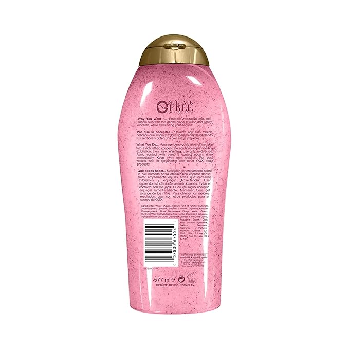 OGX Sensitive + Rose Water & Pink Sea Salt Exfoliating Body Scrub + Rose Quartz, Gentle Exfoliating Daily Wash Softens Skin, Scrub for Women, Sulfate-Free Surfactants, 19.5 fl oz (Pack of 3)