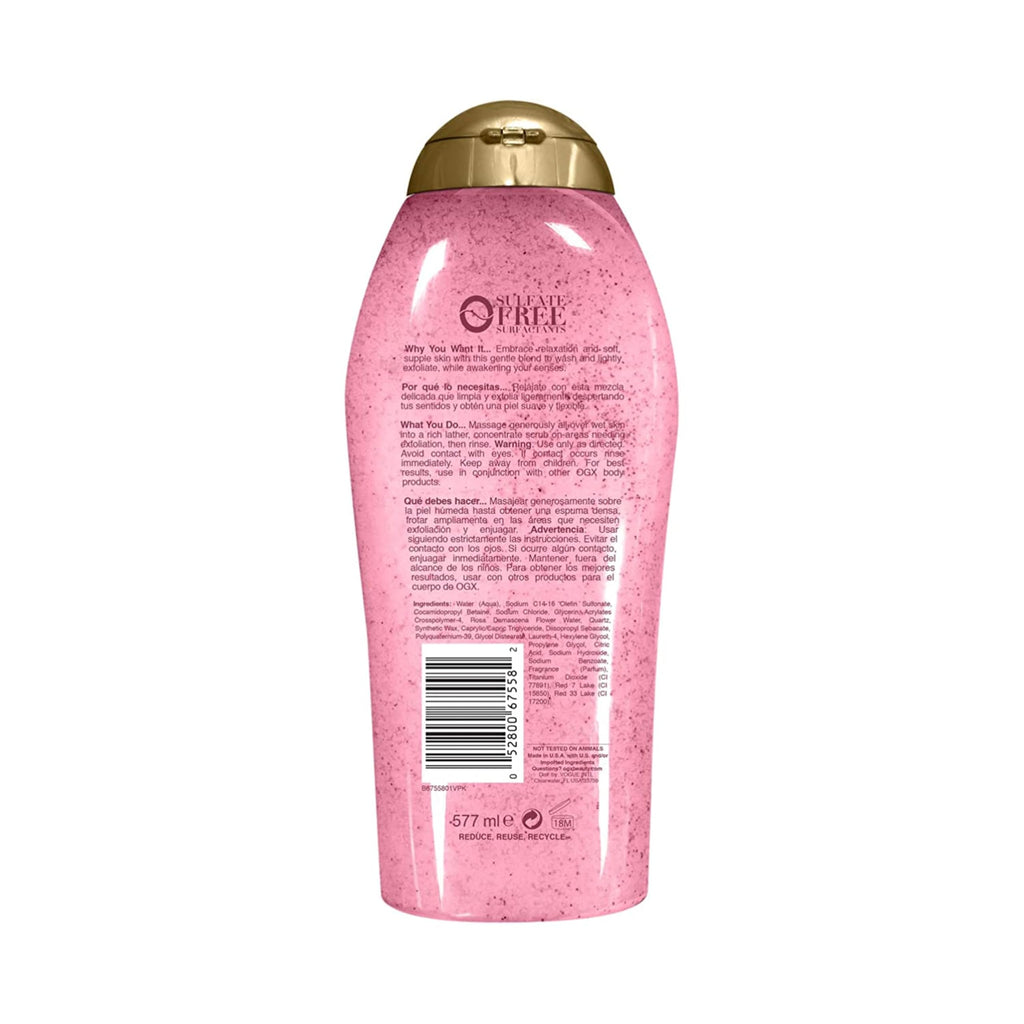 OGX Sensitive + Rose Water & Pink Sea Salt Exfoliating Body Scrub + Rose Quartz, Gentle Exfoliating Daily Body Wash Softens Skin, Body Scrub for Women, Sulfate-Free Surfactants, 19.5 fl oz